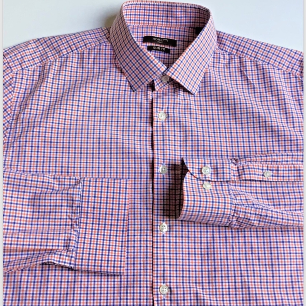 Moretti Italy slim fit navy & red checkered cotton dress shirt Sz XL